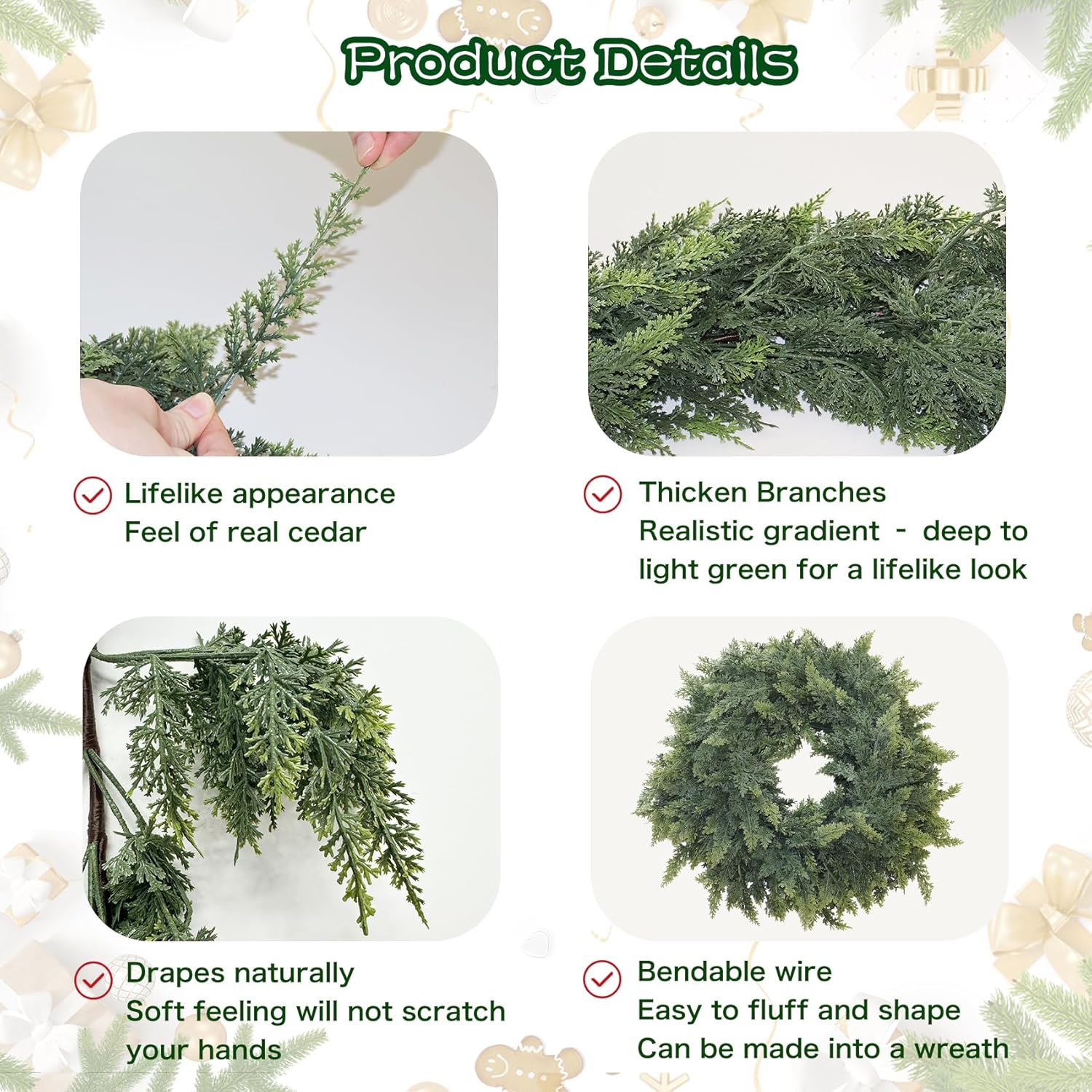 FestiveFinds 6 FT Artificial Cedar Garlands, Real Touch Winter Cedar Garland, Green Artificial Greenery Pine Garland for Table, Mantle, Wall, Indoor, Outdoor Christmas Decorations
