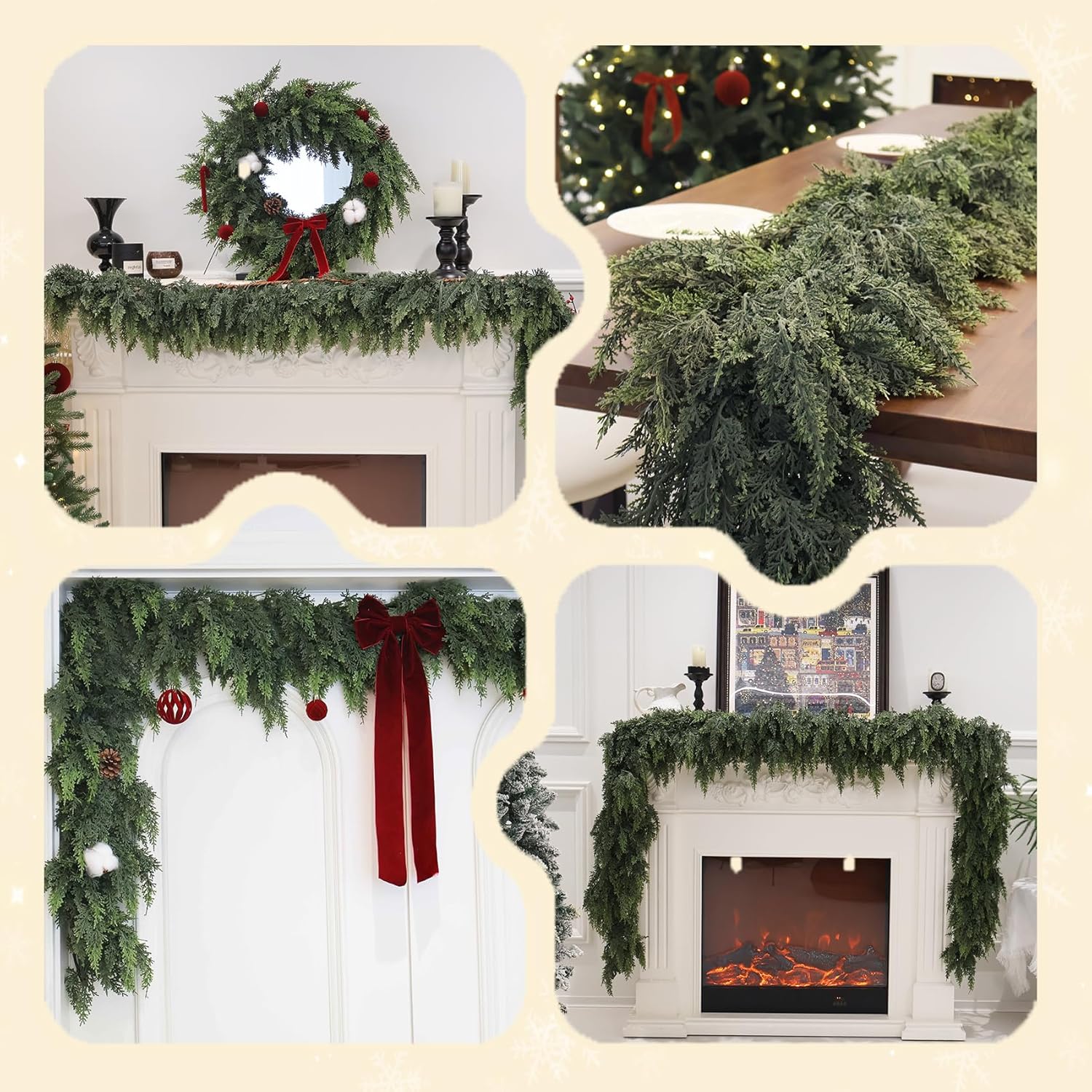 FestiveFinds 6 FT Artificial Cedar Garlands, Real Touch Winter Cedar Garland, Green Artificial Greenery Pine Garland for Table, Mantle, Wall, Indoor, Outdoor Christmas Decorations