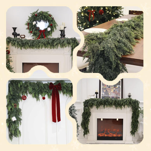 FestiveFinds 6 FT Artificial Cedar Garlands, Real Touch Winter Cedar Garland, Green Artificial Greenery Pine Garland for Table, Mantle, Wall, Indoor, Outdoor Christmas Decorations